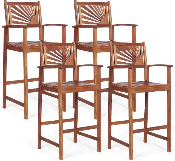 Bar Stools Outdoor Acacia Wood Bar Chairs with Sunflower Backrest Curved Armrests